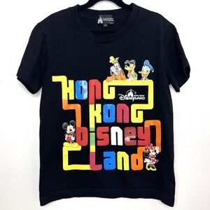 Disneyland Hong Kong T-Shirt XS‎ Black Colorful Mickey Goofy Donald Minnie Tee